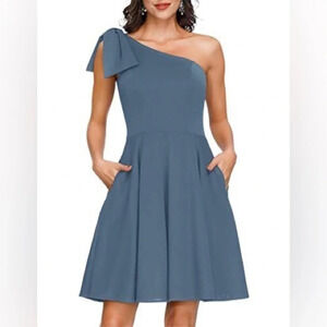 Jasambac "NEW" Light Blue Bow One Shoulder Pleated Fit and Flare Dress Size M